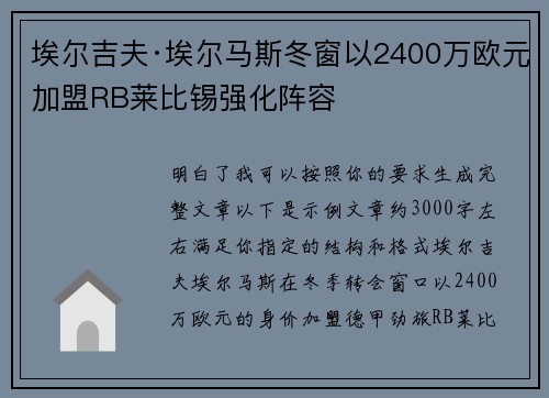 埃尔吉夫·埃尔马斯冬窗以2400万欧元加盟RB莱比锡强化阵容