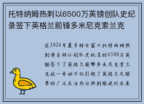 托特纳姆热刺以6500万英镑创队史纪录签下英格兰前锋多米尼克索兰克